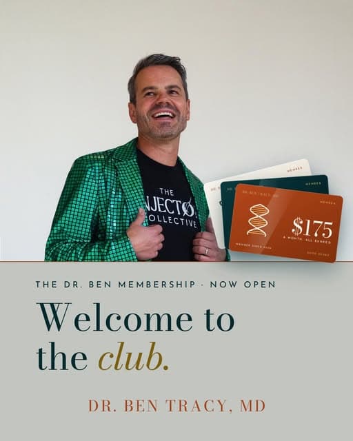 Instagram post: Ben Tracy, MD, laughing in a green sequin jacket, holding the Dr. Ben membership cards.